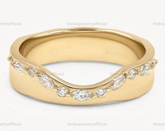 14k Solid Gold Moissanite Diamond Ring for Women Deep Curve, Thick Band Pave Stack, V-Shaped Nesting Chevron Ring Enhancer Ideal Bridal Ring