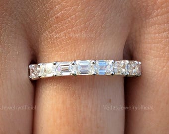 Antique Half Eternity Emerald Cut Moissanite Matching Wedding Band, Flowless Stackable Engagement Band For Fiancée, Bridal Promise Gift Ring