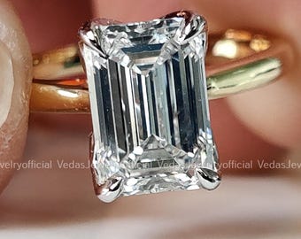 Emerald Cut 2.74ct F Color VS1 Lab Grown Diamond Solitaire Ring, Hidden Flower Setting, 14K Gold Engagement Ring, Romantic Wedding Gift