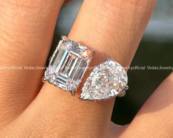 Emerald & Pear Moissanite Toi et Moi Ring: Sterling Silver Two Stone Engagement