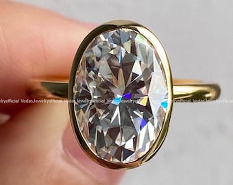 3Ct Oval Moissanite Engagement Ring: Yellow Gold Bezel Set Hidden Halo