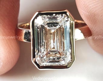 4.04 Carat E-VVS2 Emerald Cut Lab Grown Diamond Bezel Set Solitaire Engagement Ring in 14k Yellow Gold,Stylish IGI Certified Engagement Ring