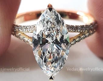 2.59 CT Marquise Cut Lab Grown Diamond Engagement Ring Split Shank Hidden Halo Pavé Band in 18K Yellow Gold IGI Certified Diamonds