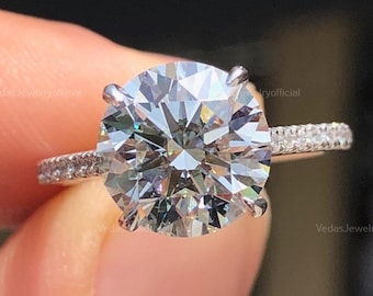2.5ct Round Cut Moissanite Engagement Ring, Unique Pave Wedding Ring, 4 Prongs Solitaire Ring, Vintage Ring, Invisible Halo ring