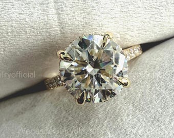 2.7 CT Round Cut Moissanite Engagement Ring, Pave Wedding Ring, 4 Prong Solitaire with Hidden Halo, Vintage Style