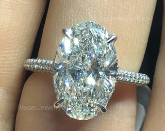 3.5ct Oval Cut Moissanite Engagement Ring, 10K/ 14K/18K Rose Gold Engagement Ring, Moissanite oval Pave band ring, Hidden Halo Bridal Ring