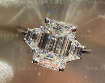 Emerald Cut Moissanite Engagement Ring, Accents Tapered Baguette, Solid Gold Three Stone Wedding Ring, Vintage Promise Ring, Gifts For Women