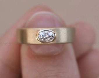 14k Solid Gold Bezel Engagement Ring Oval Diamond Thick Solitaire Wide East West Wedding Anniversary Ring for Wife Gift