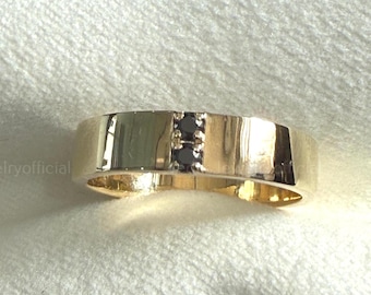 Bold 14K Solid Gold Cigar Chevron Ring – Unique Black Diamond Prong Setting Wedding Band & Engagement Stackable Ring for Her