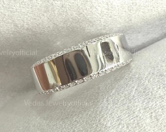 14K Pave Moissanite Gold Band Ring, Stackable Wedding Band, Minimal Engagement Ring, Anniversary Gift for Couple