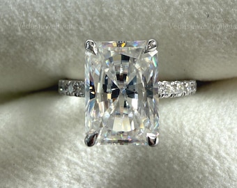 Elongated 3 CT Radiant Cut Moissanite Engagement Ring, Solitaire Wedding Ring, Hidden Halo Ring, Half Eternity Ring, Anniversary Gifts/Ring