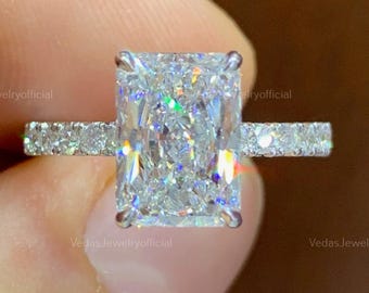 2CT Radiant Cut Moissanite Ring Set, Elegant Bridal Pave & Hidden Halo Wedding Ring, Perfect Engagement Gift for Her