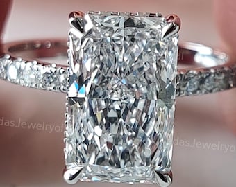 4.02 CT Radiant Cut Hidden Halo Engagement Ring IGI Certified Radiant Cut Lab Grown Diamond Three Side Pave Wedding Promise Ring For Her