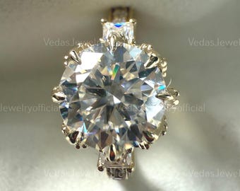 2.5CT Round Cut Moissanite Engagement Ring, Princess Side Stones, Pave Wedding Ring, 8 Prong Solitaire, Hidden Halo Ring