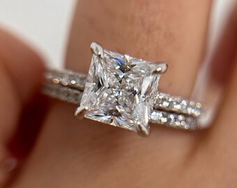 Princess Cut Bridal Set Ring, 2 CT Princess Cut Colorless Moissanite Hidden Halo Wedding Ring Set With Matching Band Perfect Bridal Set Gift