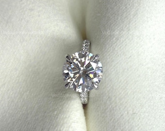 2.5ct Round Cut Moissanite Engagement Ring, Unique Pave Wedding Ring, 4 Prongs Solitaire Ring, Vintage Ring, Invisible Halo ring