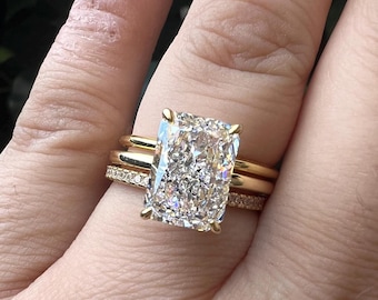 3ct Emerald Cut Moissanite Engagement Ring Set Hidden Halo Yellow Gold Wedding Ring Set Enhancer Cage Wrap Band Vintage Bridal Set Stacking