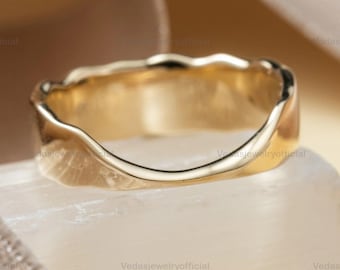14k Gold Cigar Wedding Band, U Shaped Ring, Bezel Diamond Unique Band, Unique 6mm Wide Cut Out Design Women Thick Wedding Band Chevron Ring