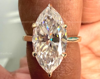 4CT Marquise Cut Moissanite Engagement Ring, Hidden Halo 6 Prong Solitaire, Elongated Marquise Promise Ring, Unique Bridal Ring