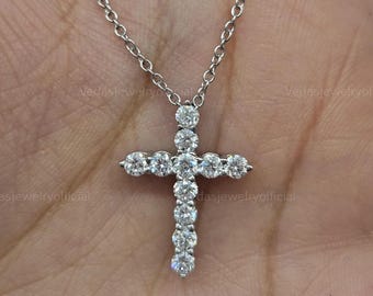 14K Solid Gold Lab Grown Diamond Cross Necklace 0.50 CT, Dainty Christian Cross Pendant, Religious Jewelry, Communion Birthday Gift for Her