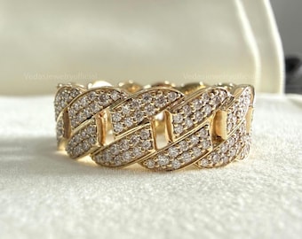 Round Cut Moissanite Chain Ring, Unique Eternity Wedding Ring, Mens Chunky Chain Ring, Dainty Anniversary Gift Ring For Men, Cuban Link Ring