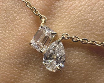 Toi Et Moi Necklace 14k 18k Solid Gold Diamond Pendant Necklace Elegant Delicate Emerald & Pear Lab Grown Diamond Cable Chain Charm Necklace