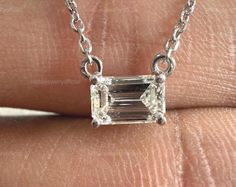 East West Emerald Cut Lab Grown Diamond Pendant, 18K Solid White Gold Necklace, Prong Setting Pendant, Chain Included Dainty Necklace