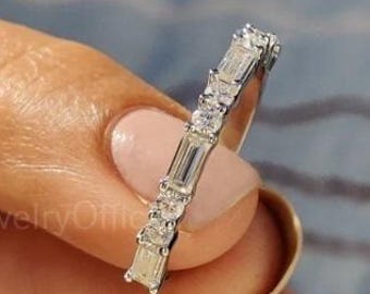 Moissanite Wedding Band: Baguette & Round, Yellow Gold Half Eternity