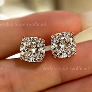 2.00 TW Cushion Hybrid Cut Moissanite Stud Earrings Double Claw Prongs Moissanite Wedding Earrings Screw Back Earrings Anniversary Gift