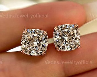 2.00 TW Cushion Hybrid Cut Moissanite Stud Earrings Double Claw Prongs Moissanite Wedding Earrings Screw Back Earrings Anniversary Gift
