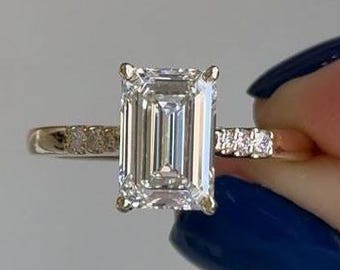 14K Gold Emerald Cut Lab Grown Diamond Engagement Ring, IGI Certified Hidden Halo Ring, Wedding Promise Ring, Gift for Her