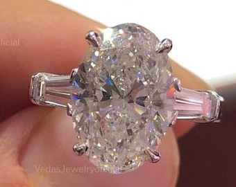 3CT Oval Cut Moissanite Engagement Ring, Tapered Baguette Vintage Style Ring, Unique Promise Ring, Anniversary Gift for Her