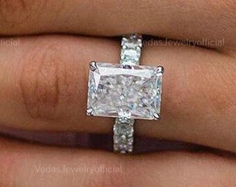 4 CT Radiant Cut Engagement Ring, Hidden Halo Eternity Band, 14K White Gold Moissanite Jewelry, Perfect Gift for Motherr