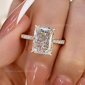 3.0Ct Radiant Cut Moissanite Engagement Ring, Elongated Radiant Cut Halo Moissanite Ring, Art Deco Wedding Ring, Vintage Ring
