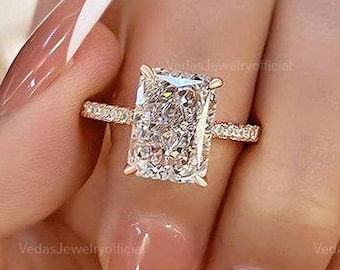 3.0Ct Radiant Cut Moissanite Engagement Ring, Elongated Radiant Cut Halo Moissanite Ring, Art Deco Wedding Ring, Vintage Ring