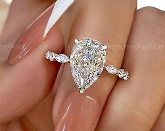 2 Ct Pear Shaped Moissanite Engagement Ring, Pear Solitaire Ring With Marquise Accent Ring, Invisible Hidden Halo Moissanite Ring