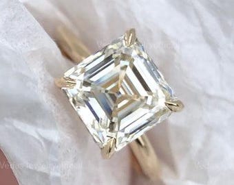 3.0CT Asscher Cut Moissanite Engagement Ring: Claw Prongs, Hidden Halo