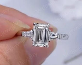 1 Ct Emerald Cut Three Stone Engagement Ring, 14K Solid Gold Lab Grown Diamond Ring, IGI Certified Diamond Ring, CVD Emerald Ring For Her