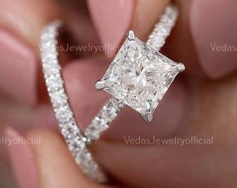 2 CT Princess Cut Moissanite Wedding Ring Set, Princess Cut Bridal Ring Set, Round Moissanite Matching Eternity Band, 14K white gold ring