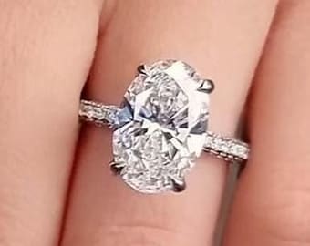 3CT Oval Cut Moissanite Engagement Ring, Unique Micro Pave Set Bridal Ring, Hidden Halo Proposal Ring, Gift for Her
