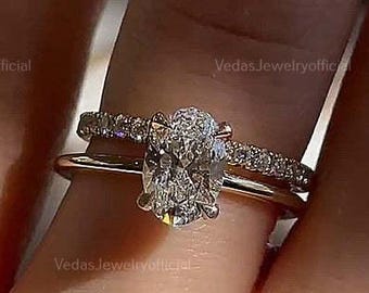 2 CT Oval Cut Moissanite Wedding Ring Set, Moissanite Engagement Ring Set, Vintage Bridal Set, Art Deco Matching Bands, 14k Gold Ring
