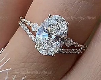 2.50 CT Oval Cut Basket Set Moissanite Engagement Ring Set Oval Wedding Ring Set Bridal Set Gold Art Deco Moissanite Ring Set Gift For Her