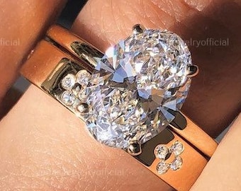 3 CT Oval Cut Moissanite Engagement Ring Set 14K Gold Bridal Ring Set For Her Wedding Ring With Round Flush Set Matching Band Women Gift