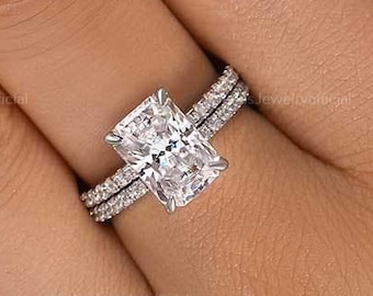 2 Ct Radiant Cut Moissanite Bridal Set: 14K White Gold Wedding Ring