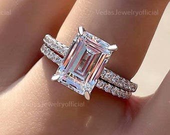 3 CT Emerald Cut Moissanite Engagement Ring Set: Sterling Silver Hidden Halo
