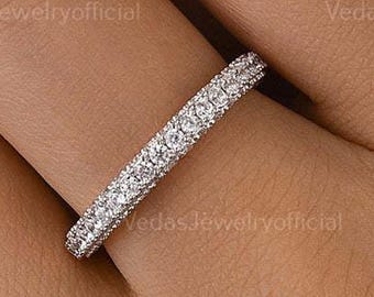 14K Micro Pave Diamond Wedding Band, Dainty Moissanite Half Eternity Ring, Anniversary Gift, Stackable Bridal Band for Her