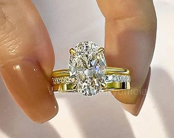 3 CT Oval Cut Moissanite Engagement Bridal Ring Set, Full Eternity Matching Wedding Band, Hidden Halo Bridal Ring, Anniversary Gift for Her