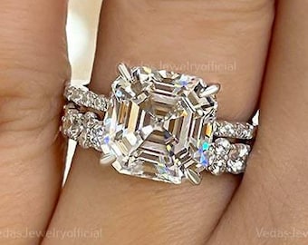 2CT Asscher Cut Moissanite Engagement Ring and Round Cut Sides Wedding Ring And Matching Band Bridal Set Propose Ring