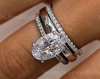4Ct Oval Moissanite Bridal Wedding Ring Set, 14kt White Gold Engagement Ring, Anniversary Gift for Her, Stylish Wedding Set