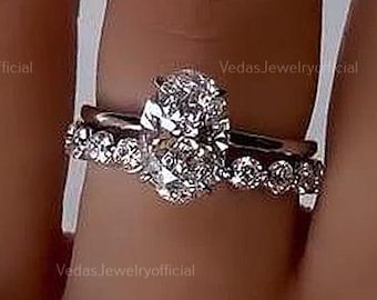 Oval Cut 3 CT Moissanite Wedding Ring Set, Unique Hidden Halo Anniversary Ring Set, Oval Bridal Set With Round Eternity Band, Rings For Her